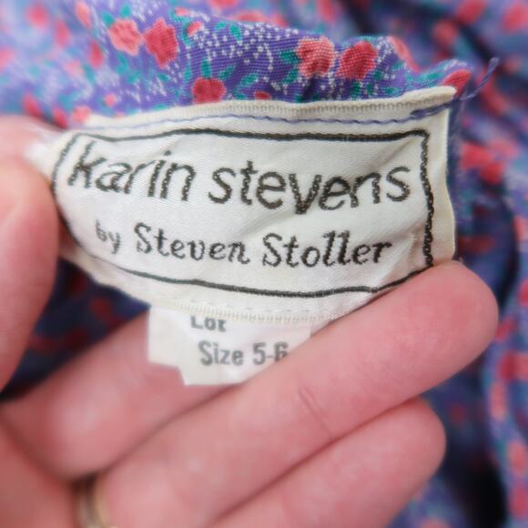 Vintage 80s Karin Stevens Blue and Pink Floral Midi Dress 6 - Picture 5 of 6